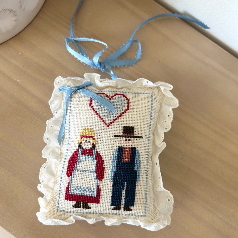 Miniature Handcrafted Cross-Stitch Pillow with Blue Ribbon Home Decor